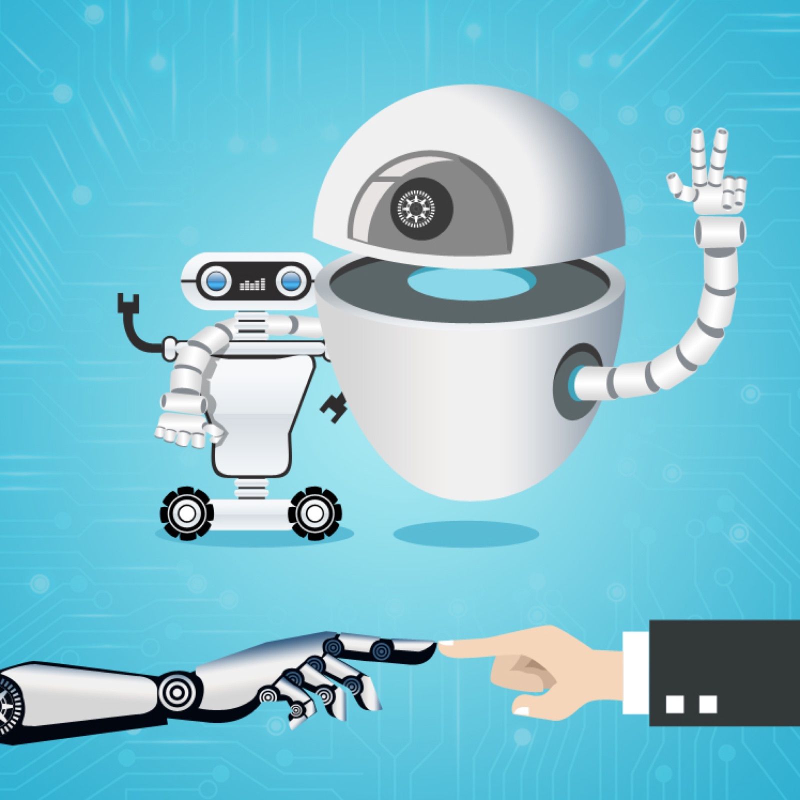 Illustration of humans and robots working together — AI management system controls