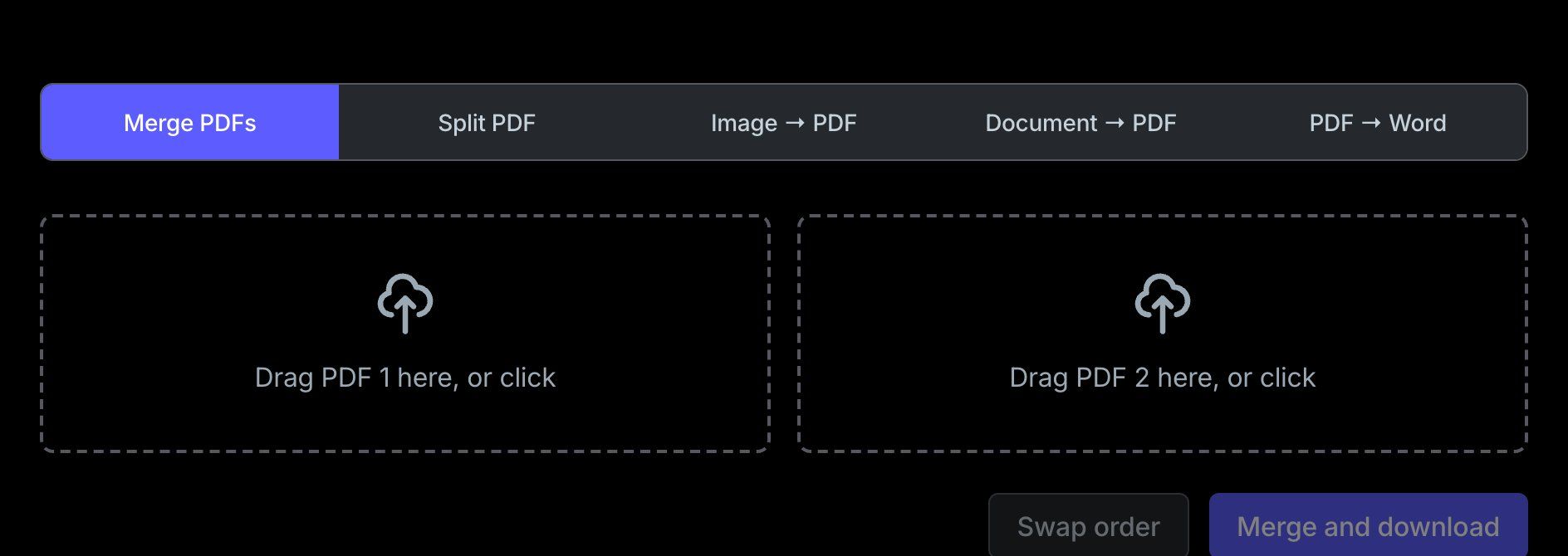 OG Technologies EU merge PDF tool — two drop zones, swap order button, and merge and download button