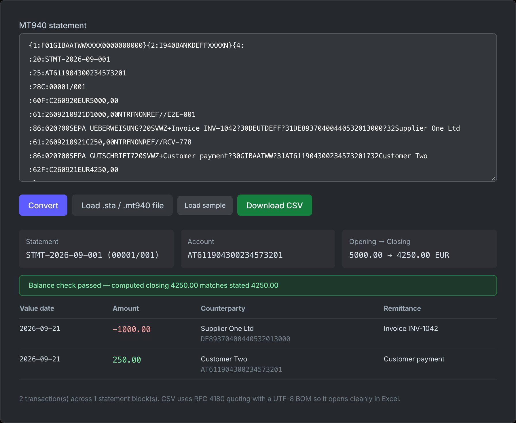 OG Technologies EU MT940 to CSV converter — parsed statement entries and download button