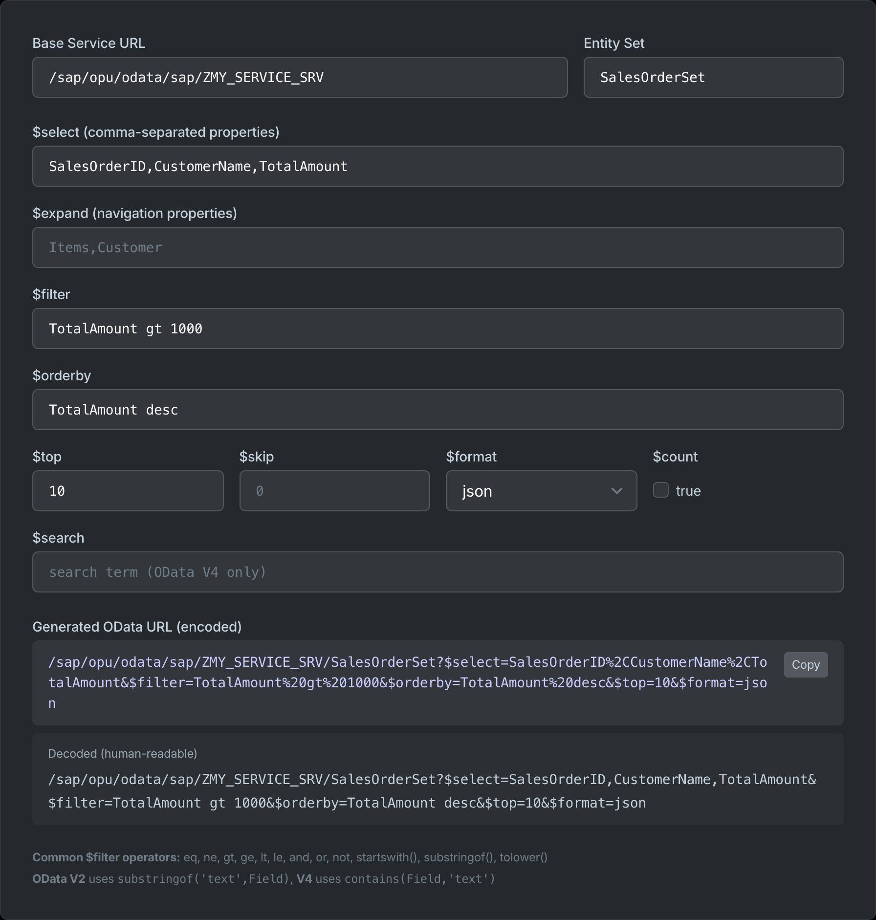 OG Technologies EU SAP OData URL Builder — query parameter fields and generated URL