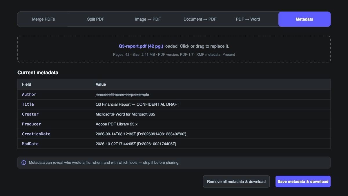 OG Technologies EU PDF metadata tool — metadata table showing author, title, creator, producer, and timestamps